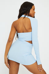 Blue One Sleeve Cut Out Mini Dress, Dress