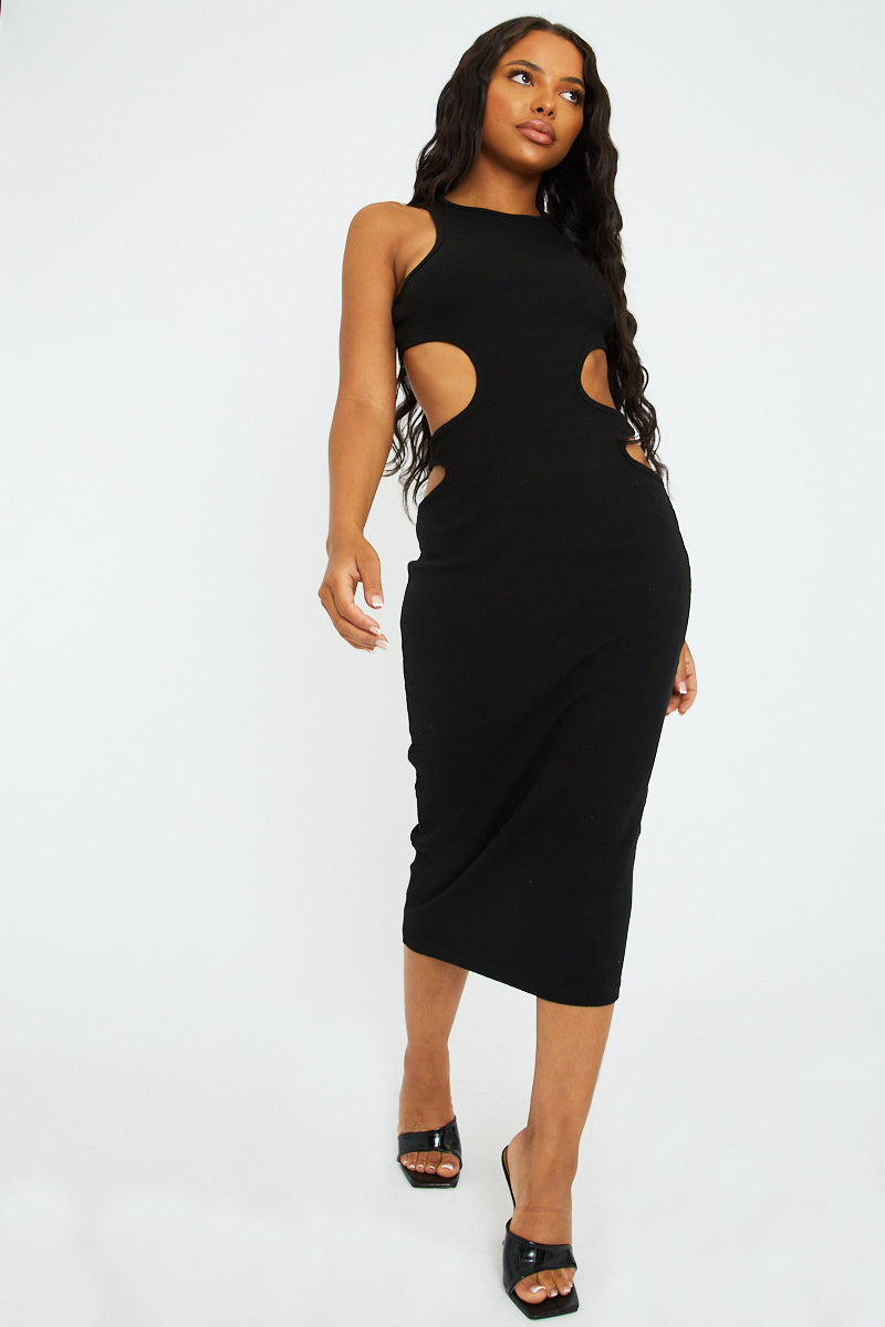 Black Ribbed Cut Out Midi Dress - Karin