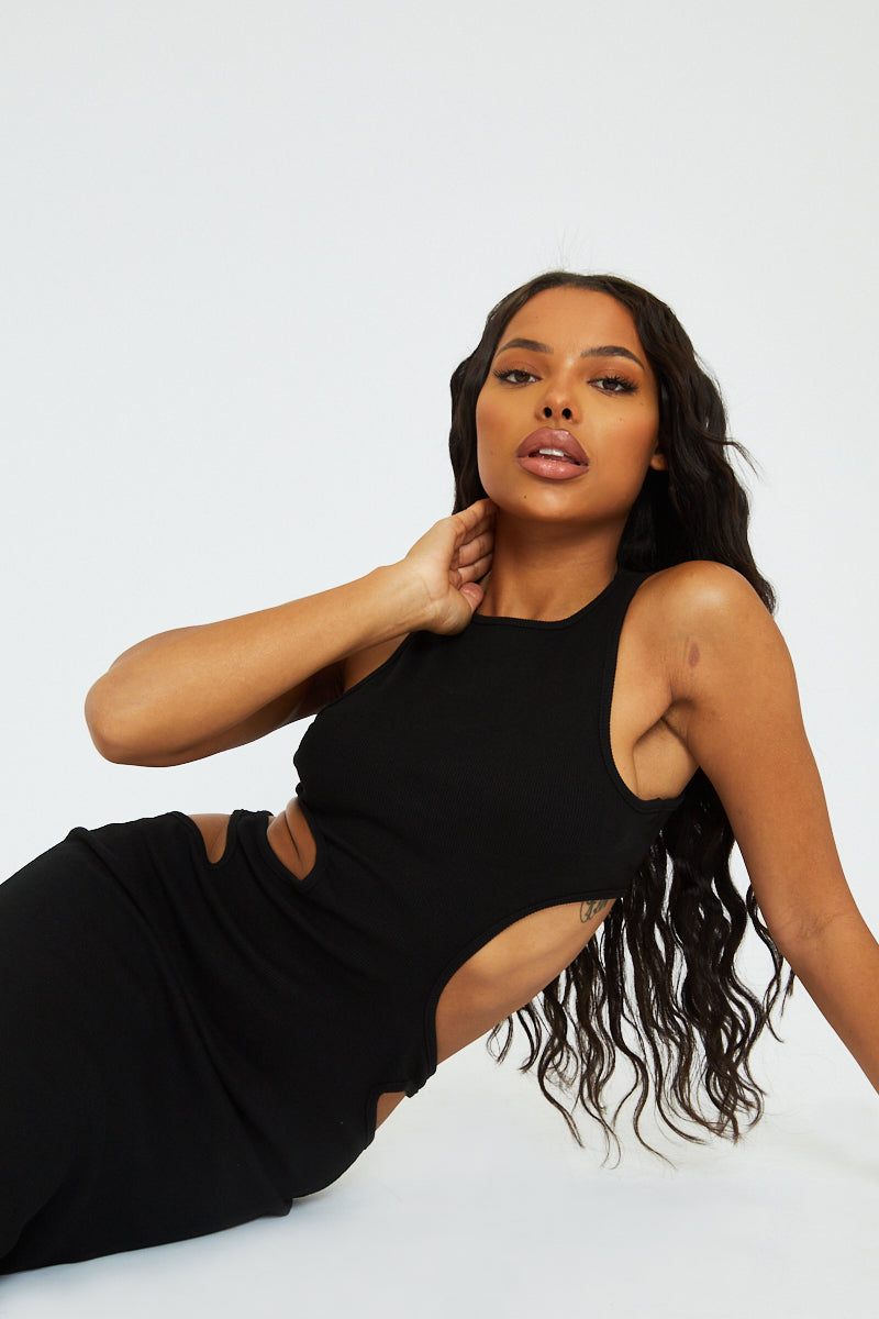 Black Ribbed Cut Out Midi Dress - Karin