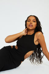 Black Ribbed Cut Out Midi Dress - Karin