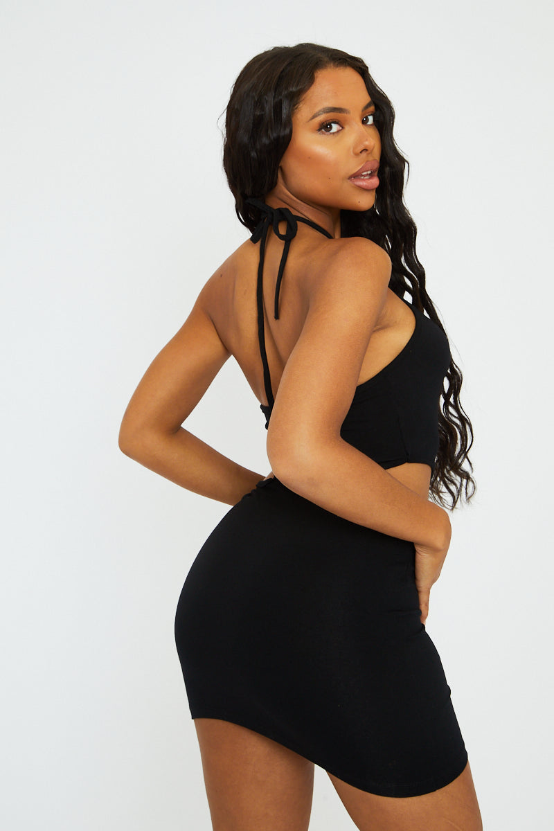 Black Halter Neck Side Cut Out Mini Dress - Davida