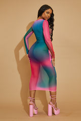 Multi Mesh Abstract Print Ruched Midi Dress - Helen