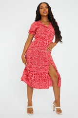 Red Floral Print Front Slit Midi Dress - Avery