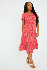 Red Floral Print Front Slit Midi Dress - Avery