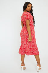 Red Floral Print Front Slit Midi Dress - Avery