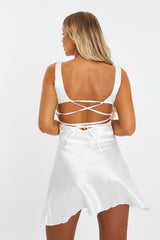 White Satin Cut Out Lace Up Back Mini Dress - Gia