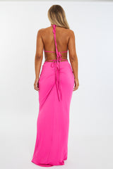 Pink Halter Neck Crop Top & Tie Waist Ruched Bum Maxi Skirt Set - Tilly