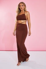 Chocolate Halter Neck Crop Top & Tie Waist Ruched Bum Maxi Skirt Set - Tilly