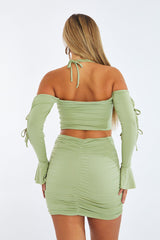 Sage Tie Detail Crop Top & Ruched Mini Skirt Set - Shiloh