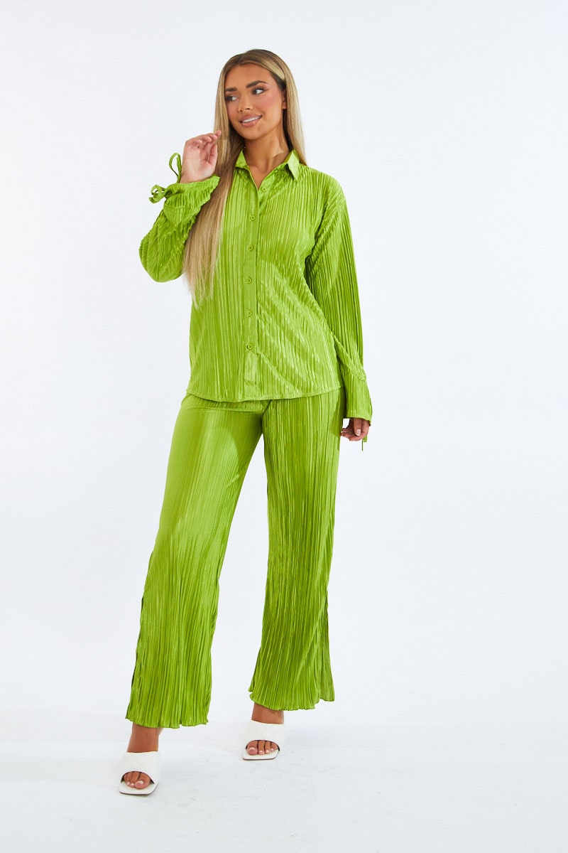 Green Plisse Button Front Oversized Shirt & Trouser Set - Ingrid