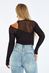 Black Mesh Cut Out Detail Bodysuit - Keziah