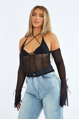 Black Mesh Halter Neck Tie Crop Top - Lila