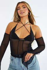Black Mesh Halter Neck Tie Crop Top - Lila