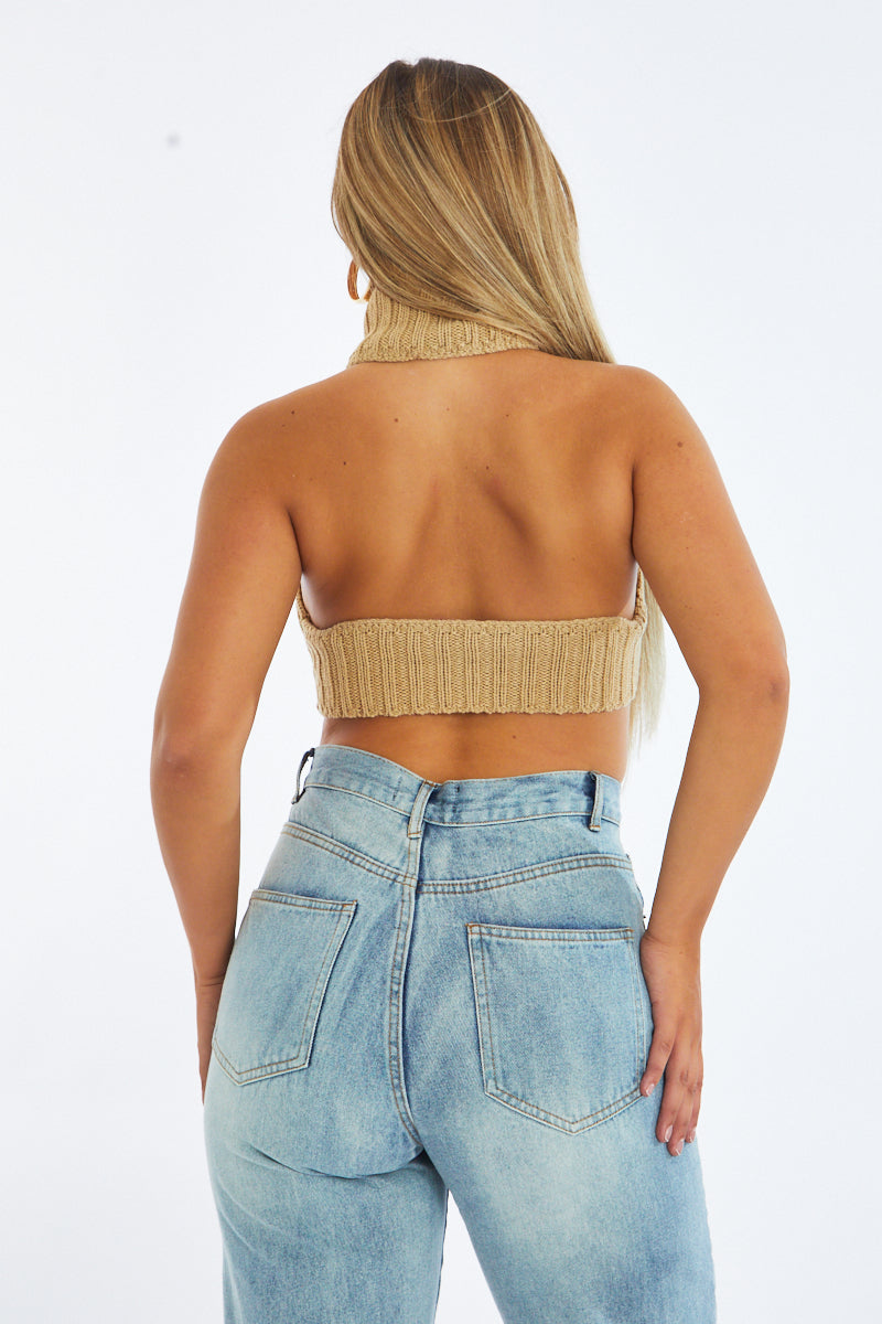 Beige Knit Turtle Neck Asymmetric Crop Top - Tatum