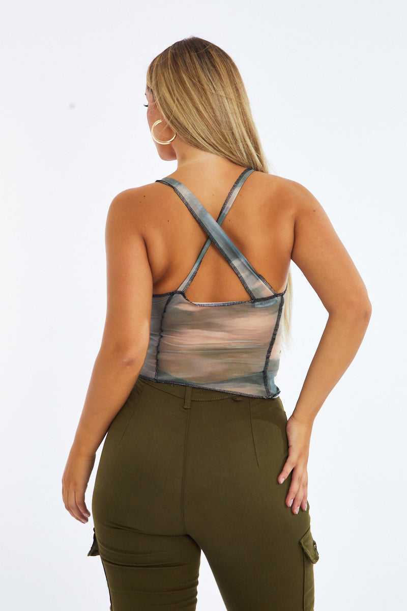 Tie Dye Print Mesh Asymmetric Crop Top - Filippa