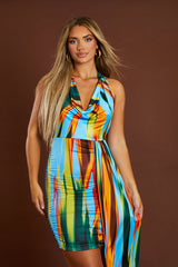 Multi Abstract Print Cowl Neck Ruched Mini Dress - Annalise