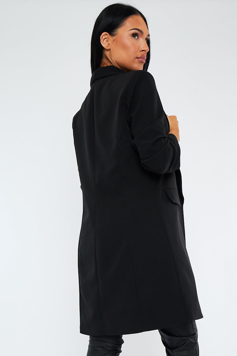 Black Longline Ruched Sleeves Blazer - Mharlie
