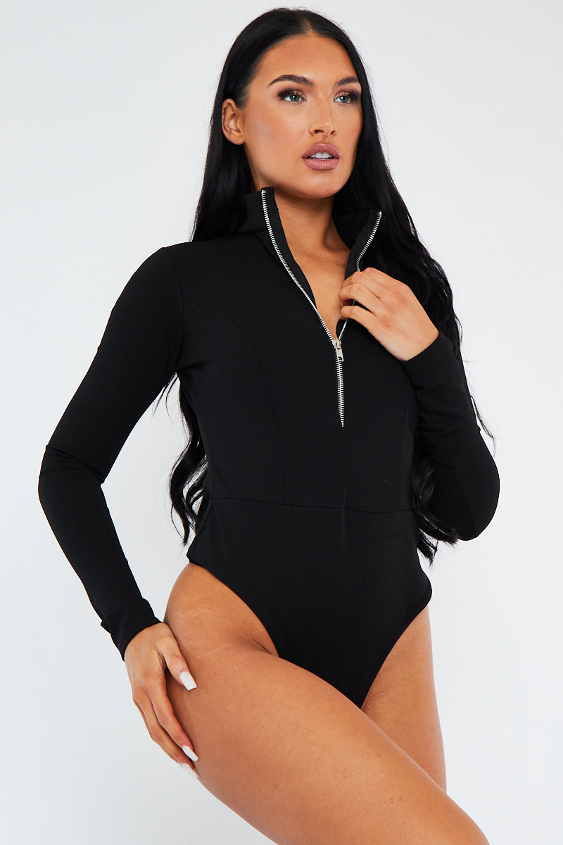 Black Contrast Zip Front Bodysuit - Odine – Rebellious Fashion