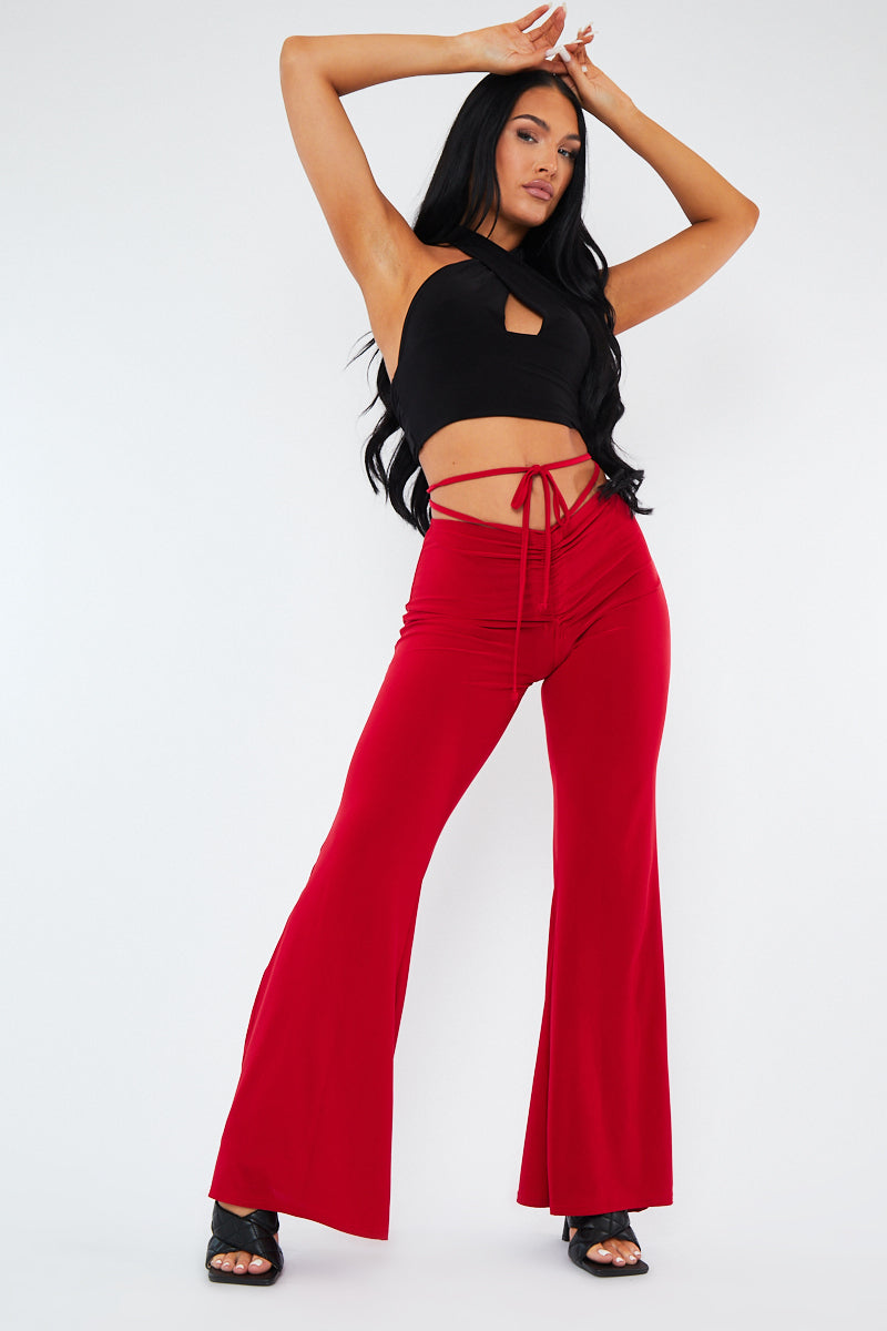 Red Ruched Front Tie Waist Slinky Trousers, Slinky Trousers