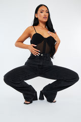 Charcoal Denim Straight Leg Side Split Jeans - Tashi