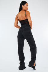 Charcoal Denim Straight Leg Side Split Jeans - Tashi