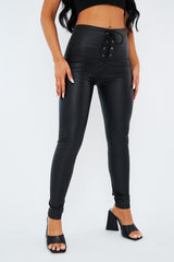 Black PU Leather Lace Up Front Leggings - Krina