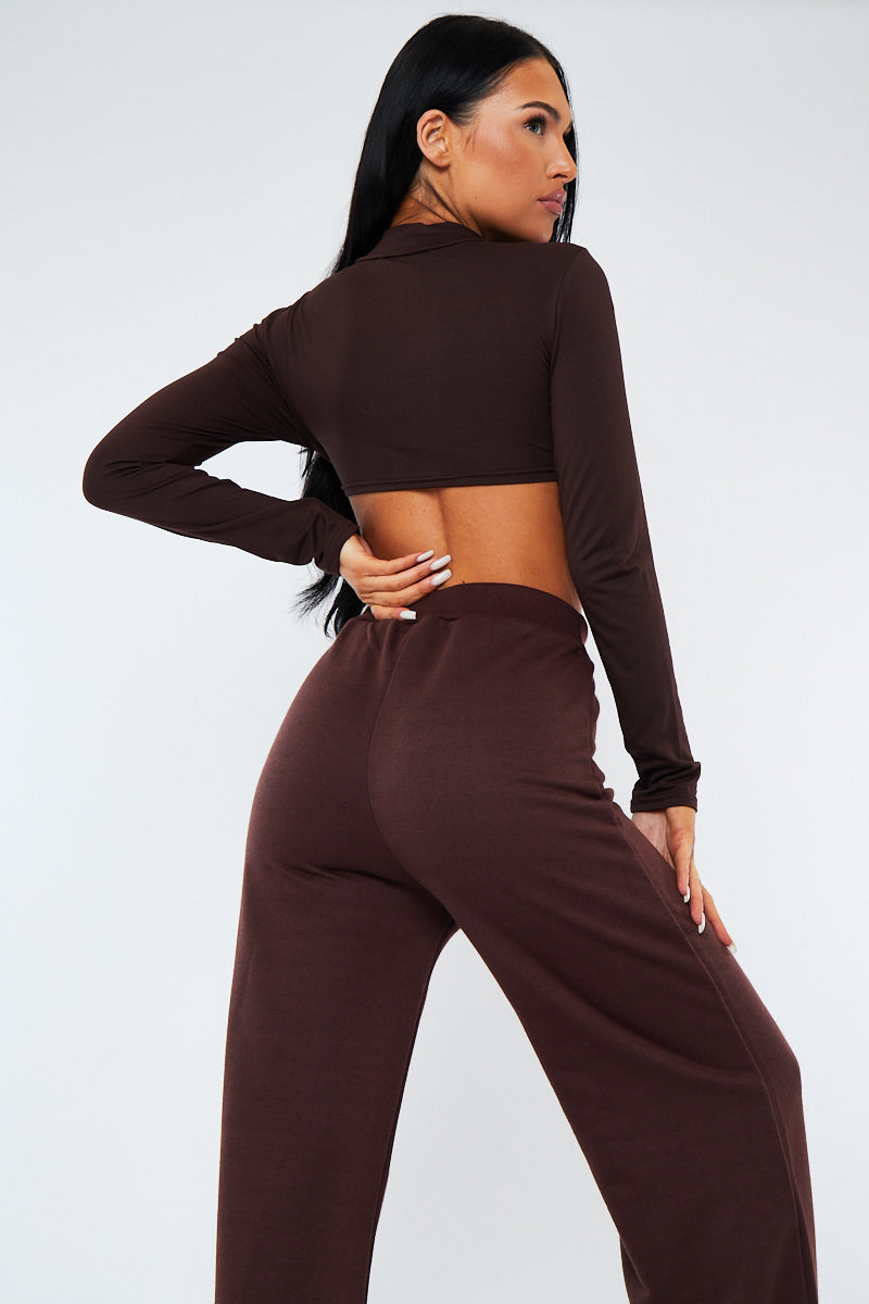 Chocolate Long Sleeve Underbust Crop Top - Tessa