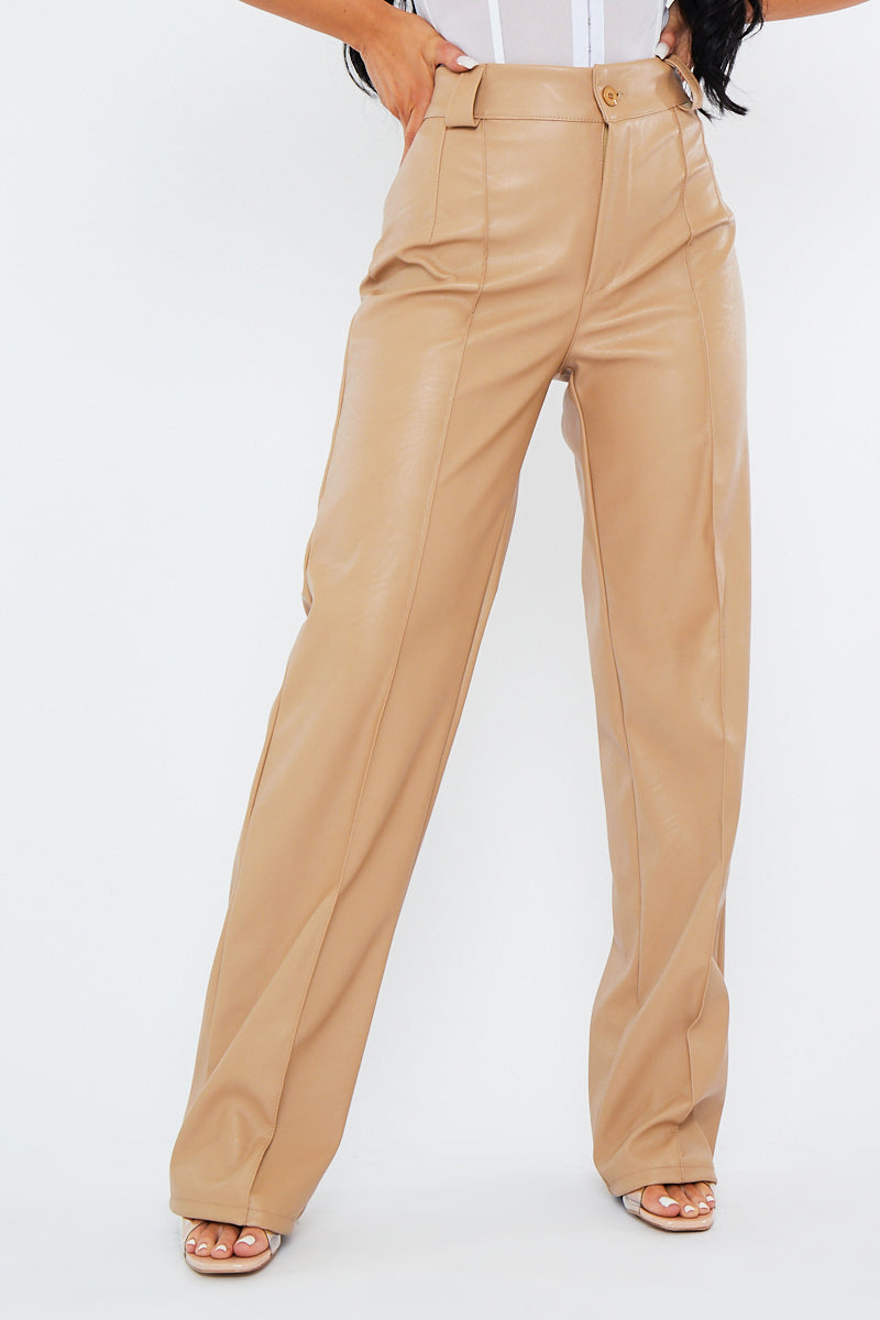 Beige Pleated Straight Leg PU Leather Trousers - Jaymi