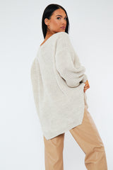 Beige Oversized Knit V Neck Sweater - Evelyn