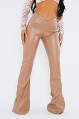 Stone PU Leather Dipped Waist Flare Trousers - Scarlett