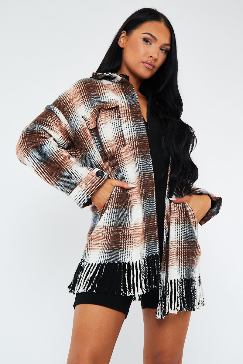 Brown Checked Fringe Detail Shacket - Iyana
