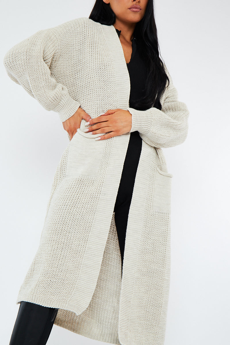Beige Longline Relaxed Fit Front Pockets Cardigan - Leah