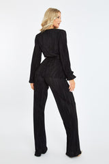 Black Plisse Warp Front Top & Wide Leg Trouser Set - Ocean