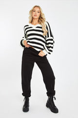 White Striped Chunky Knit Oversized Cardigan - Pedra