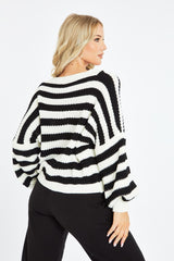White Striped Chunky Knit Oversized Cardigan - Pedra