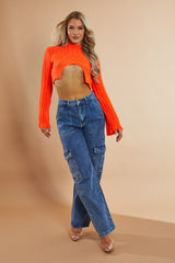 Orange Chunky Knit High Neck Cropped Jumper - Pallas