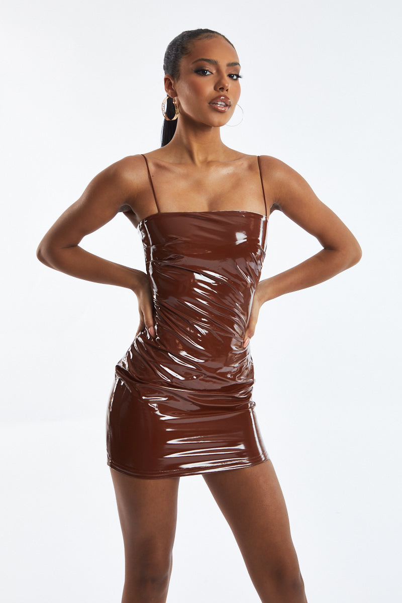 Brown Faux Leather Bodycon Mini Dress | Mini Dress | Rebellious Fashion Brown Faux Leather Bodycon Mini Dress | Mini Dress | Rebellious Fashion