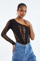 Black Cutout One shoulder Bodysuit - Elia