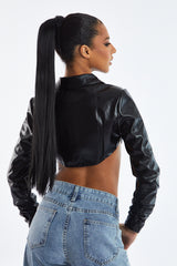 Black Faux Leather Cropped Blazer - Nyra