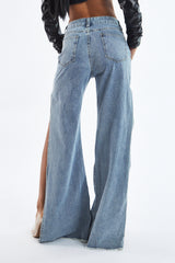 Blue Distressed Side Slit Wide Leg Jeans - Della