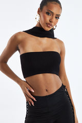 Black Knit Choker Neck Cropped Top - Lia