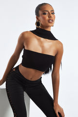 Black Knit Choker Neck Cropped Top - Lia