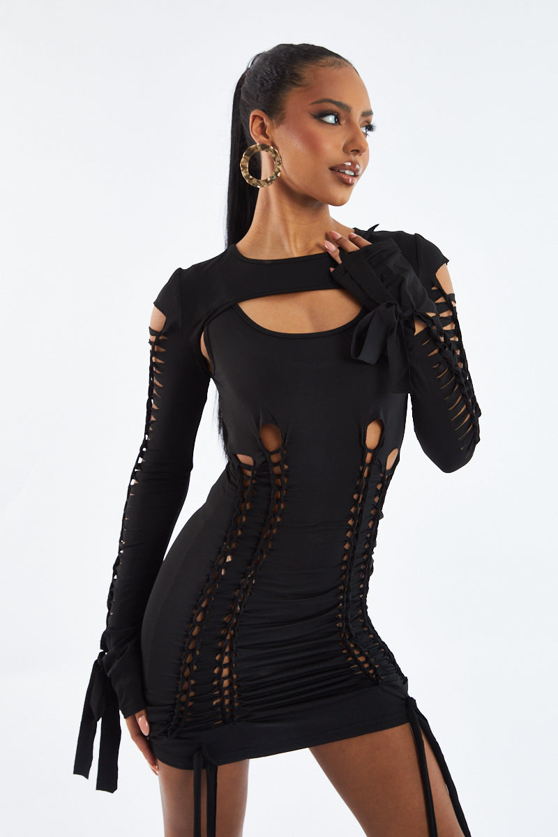 Black Knot Detail Cutout Bodycon Mini Dress - Mya