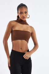 Brown Knit Choker Neck Cropped Top - Lia