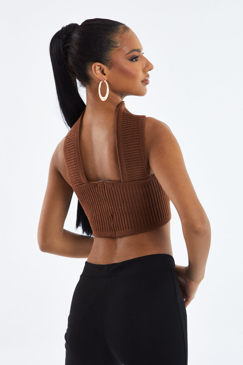 Brown Knit Choker Neck Cropped Top - Lia