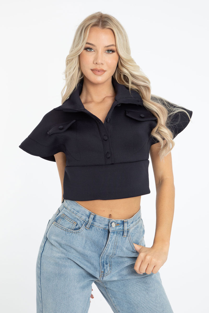 Navy Blue Button Up Front Cropped Top - Cora