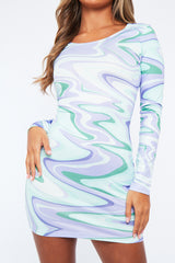 Purple Abstract Slinky Long Sleeve Bodycon Mini Dress - Levie