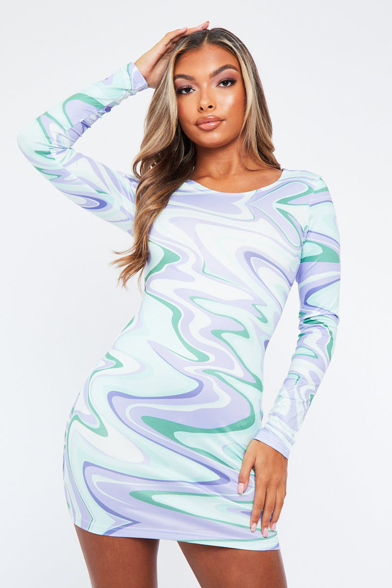 Purple Abstract Slinky Long Sleeve Bodycon Mini Dress - Levie