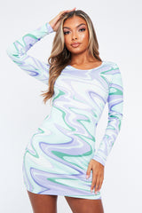 Purple Abstract Slinky Long Sleeve Bodycon Mini Dress - Levie