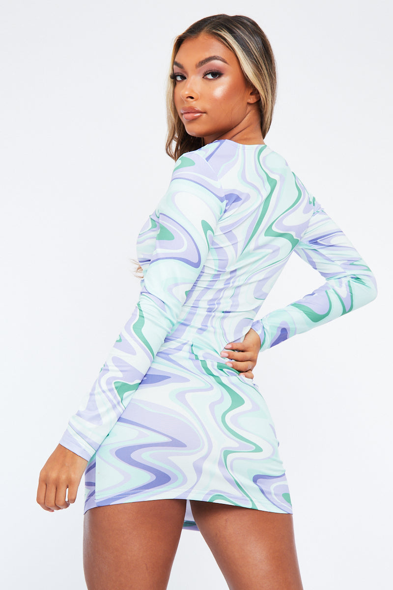 Purple Abstract Slinky Long Sleeve Bodycon Mini Dress - Levie